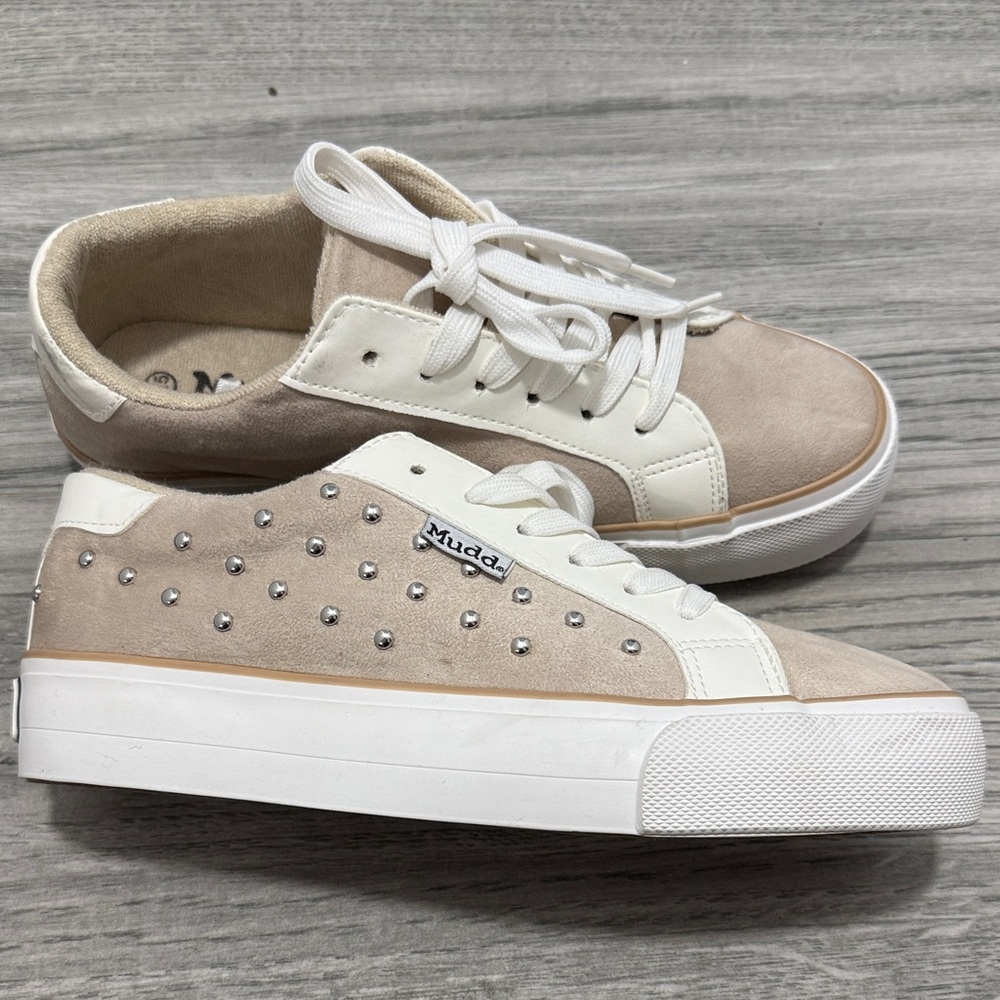 Mudd Tan and White Sneakers with Silver Accents